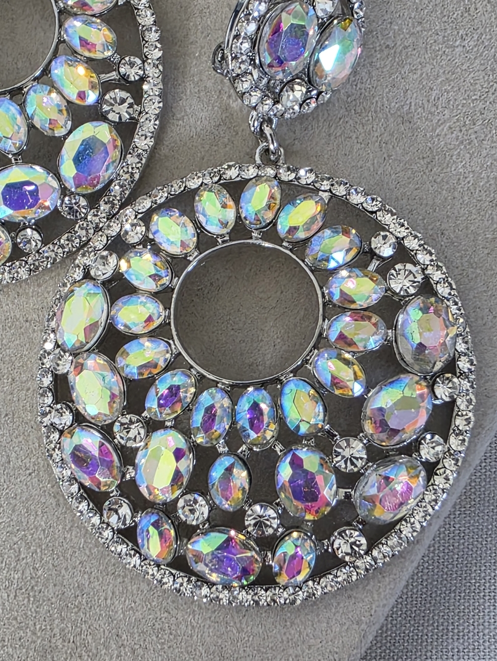 Silver AB Crystal Iridescent Rhinestone Double Circle Drop Clip On Earrings - Picture 5 of 11